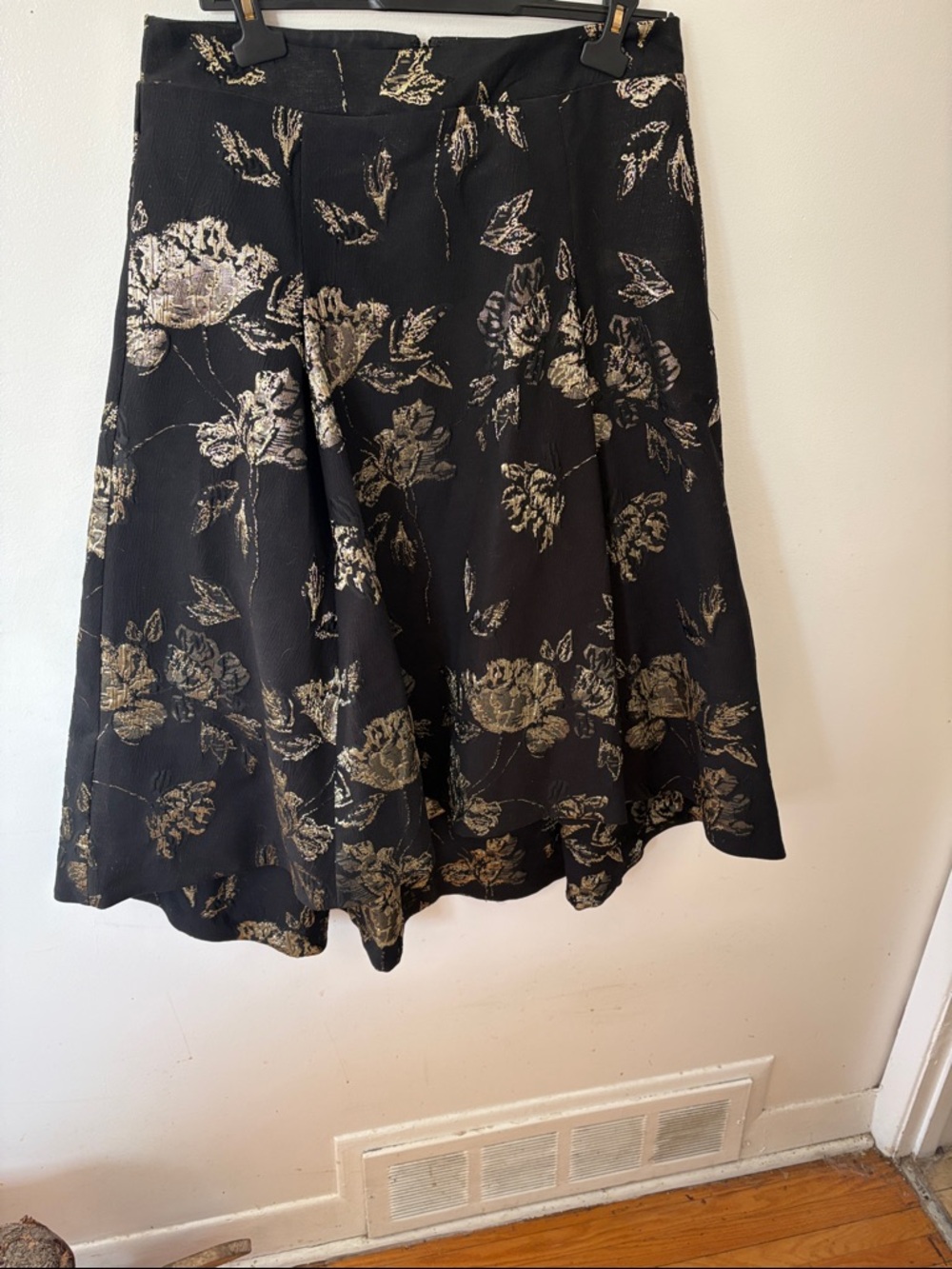 Black Floral A-Line Skirt with Gold Foil Detail